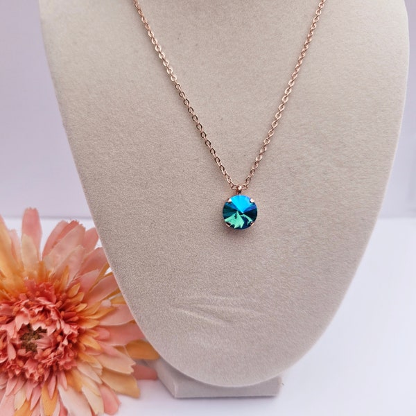 Caribbean Oasis, Aqua Blue Crystal Necklace, 12mm, Round Cut, Solidarity Stone, Blue Shimmer Women Jewelry set, Adjustable