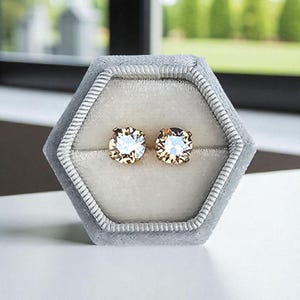 Op de afbeelding: Een paar ronde, lichtgekleurde oorstekers met een gouden zetting, gepresenteerd in een grijze, zeshoekige fluwelen sieradendoos. De oorbellen hebben een sprankelend, facetachtig uiterlijk. De doos heeft een witte binnenkant en een zilveren rand.