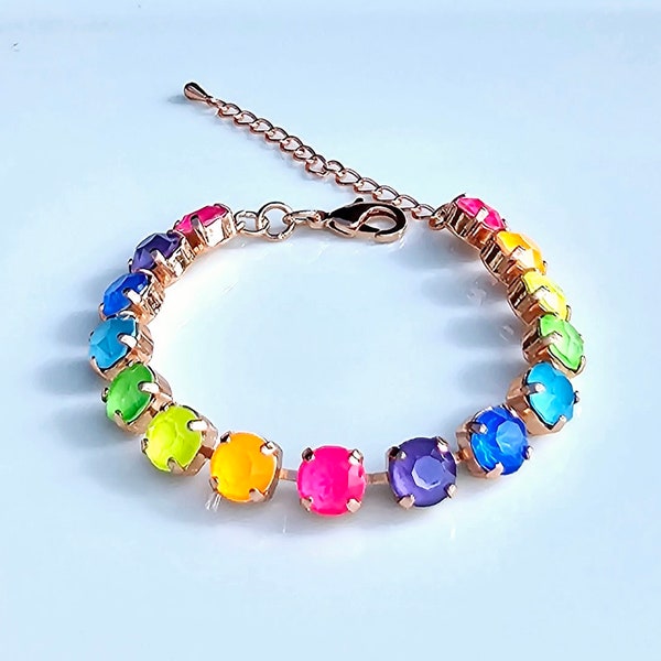 Neon Summer ~ Bright Neon, Crystal Bracelet, 8mm, Adjustable, Crystal Tennis Bracelet, Multi-Color Jewelry, Gift for Her