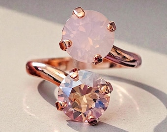 Cozy C 2.0, 8mm Double Austrian Crystal Adjustable Ring, Light Pink (Shown in Rose Gold Setting)