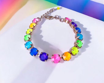 ネオンサマー〜明るいネオン、クリスタルブレスレット、8mm、調節可能、クリスタルテニスブレスレット、マルチカラージュエリー、彼女へのギフト