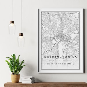 Carte de la ville de Washington DC, affiche d'art mural noir et blanc imprimable, décoration de bureau minimaliste moderne, fichier numérique des États-Unis d'Amérique