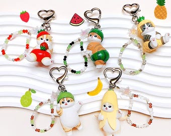 Mofusand Fruits Character Strap Beaded Keychain Figure Bag Charm Japanese Cartoon Tropical Strawberry Banana Pear Watermelon Pineapple Cat