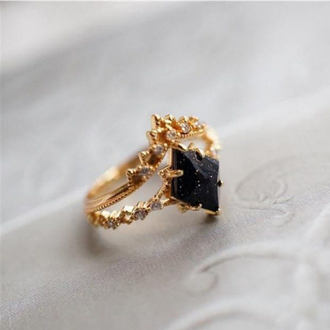 18k Gold Black Stone Ring Delicate Gold Ring Simple Zircon - Etsy