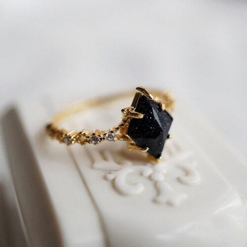 18k Gold Black Stone Ring Delicate Gold Ring Simple Zircon - Etsy