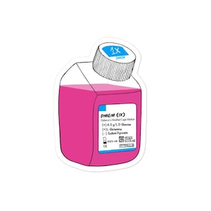 May include: A pink and white illustration of a bottle of DMEM (IX) Dubelco's Modified Eagle Medium. The bottle label includes the text: [+] 4.5 g/L D-Glucose, [+] L-Glutamine, [-] Sodium Pyruvate, 45325, 2025-08, 0 5779-45, CE.