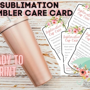 Sublimación Tumbler Care Card Descarga digital lista para imprimir, Floral brillante, Instrucciones de sublimación, envío, vaso, tarjeta de sublimación
