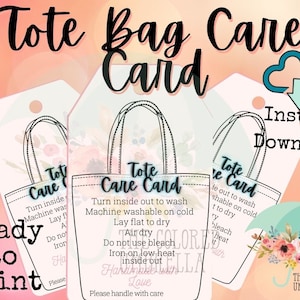Simple Tote Care Card Digital Download ready to print, Cute, Sublimation instructions, Tote Bag, sublimation card, HTV Tote
