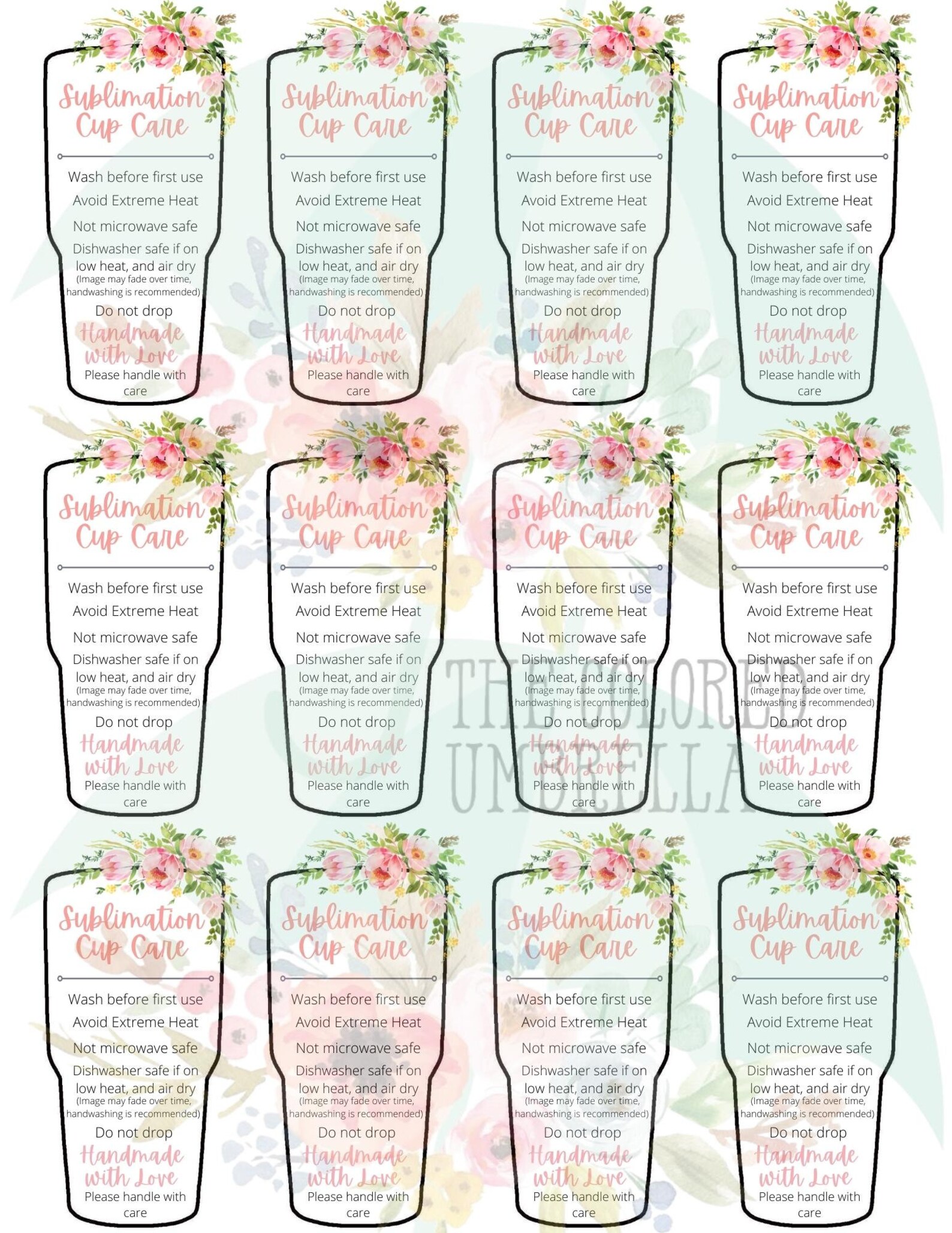 Sublimation Tumbler Care Card Digital Download Ready to Print, Bright ...
