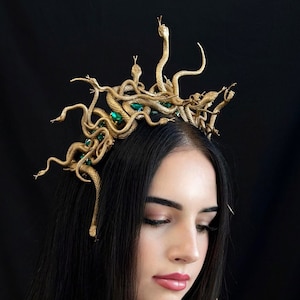 Medusa Gorgon Crown for Halloween — Hand-Painted Snake Headpiece, Gold or Black