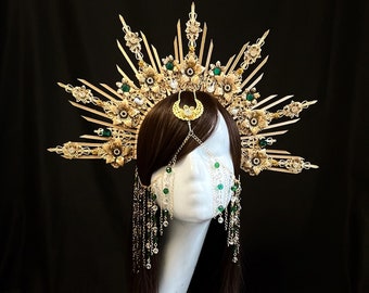 Couronne de halo de soleil avec bijoux en chaîne, couronne de déesse, casque de halo de soleil, casque de halo d'or, casque de soleil, coiffe céleste