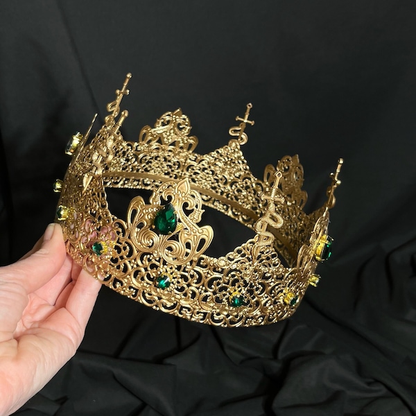 Spikes gothic crown, king crown for men, green crown, medieval crown, male crown, prom crown, baroque crown, renaissance coronation crown