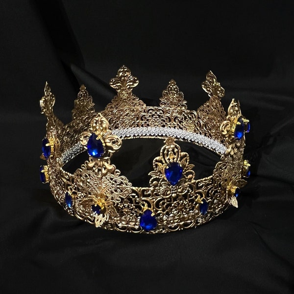Men's King crown, royal blue crown for man, male crown, medieval crown, coronation crown, prom crown, baroque crown, renaissance crown