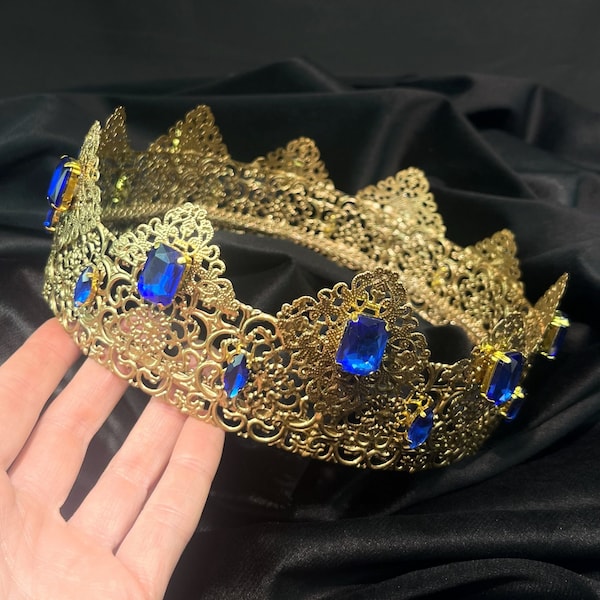 Royal blue crown male, Men's king crown, medieval coronation crown, prom crown, baroque crown, renaissance crown, king and queen crowns