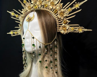 Couronne de déesse du soleil avec bijoux en chaîne, couronne céleste, casque de halo de soleil, casque de halo d'or, casque de déesse