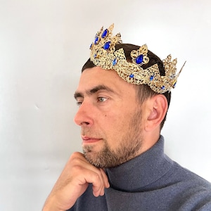Handmade Royal Blue King Crown: Rhinestone Medieval Coronation Crown