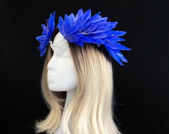 Tiara de plumas azul real, tocado de festival, corona de cosplay