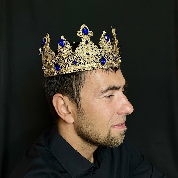 King crown for men, royal blue crown, coronation crown, male crown, prom crown, baroque crown, renaissance crown, queen medieval crown,