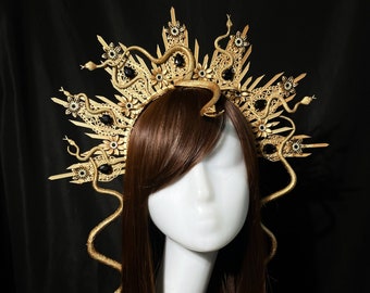 Casque de méduse, couronne de gorgone de Méduse, couronne de halo de serpent, coiffe de gorgone, casque de serpent, casque de serpent d'or