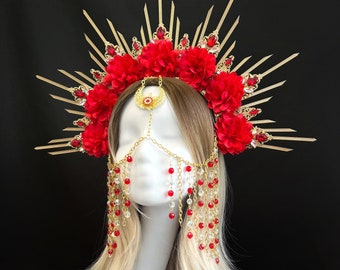 Couronne de halo de soleil avec bijoux en chaîne, couronne de déesse fleur, casque de festival de halo de soleil, casque de soleil, coiffe céleste