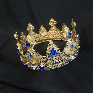 King Crown Royal Blue, Rhinestone Medieval Coronation Crown Handmade