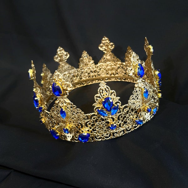 King crown for men, royal blue crown, queen medieval crown, coronation crown, male crown, prom crown, baroque crown, renaissance crown