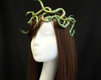 Medusa headpiece green gold, serpent crown, medusa crown, snake crown