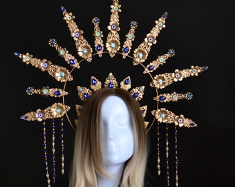 Halo crown, goddess crown royal blue, gold halo crown, celestial crown, wedding halo crown, gold sun crown headpiece, celestial headpiece