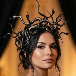 Può includere: Un copricapo caratterizzato da molteplici serpenti color bronzo metallizzato intrecciati a formare una corona. I serpenti presentano squame testurizzate e sono posizionati in varie direzioni, creando una struttura complessa e stratificata.