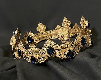 Lion king crown navy blue, mens crown, festival crown male, medieval crown, coronation crown, prom crown, baroque crown