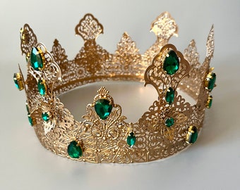King crown for men, emerald green crown, queen medieval crown, coronation crown, male crown, prom crown, baroque crown, renaissance crown