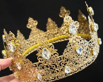 Gold King Crown, Rhinestone Festival Renaissance Headpiece Handmade