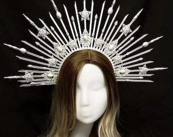 Silver Sun Halo Crown, Goddess Headpiece, Festival Headdress, Snow Queen Crown
