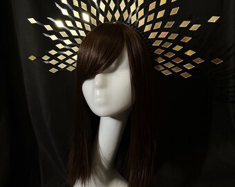 Goddess Mirror Glass Geometric Halo Disco Crown Headpiece Festival Headband Mardi Gras Costume, Mirror Glass Halo Headdress, Festival  main image 3