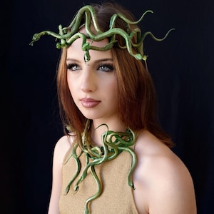 Medusa Serpent Crown: Green & Gold Snake Headpiece