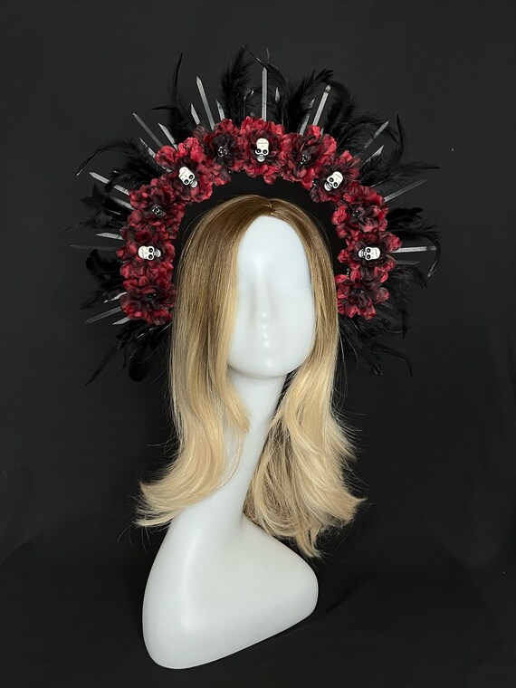 Death Skull Crown With Burgundy Flower Gothic Skeleton Crown Etsy
