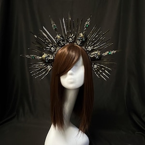 Skeleton crown black gold, death skull crown, sugar skull crown, evil queen crown, day of the dead headband, skull headpiece