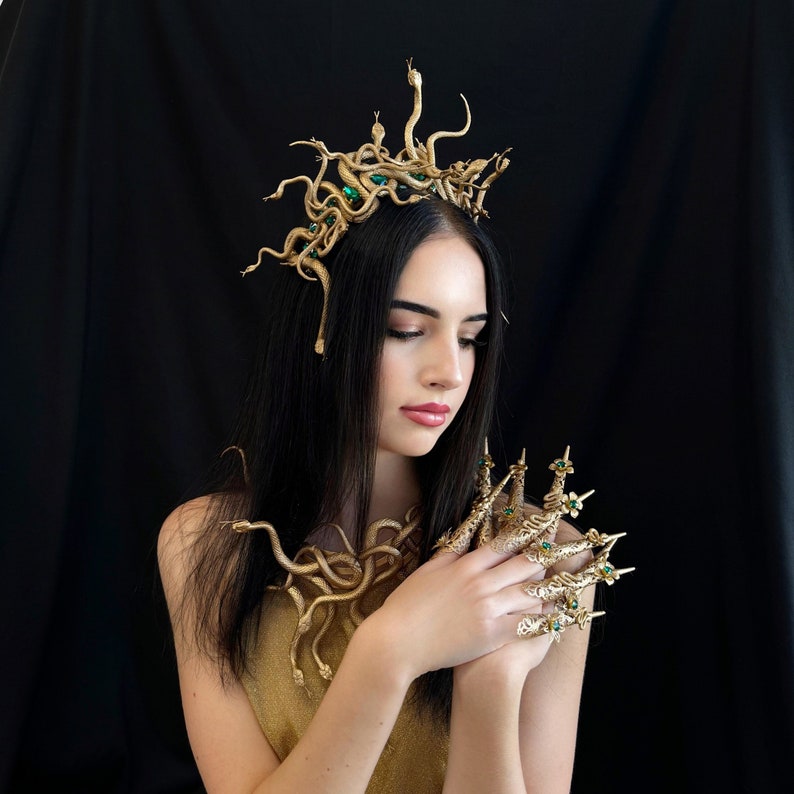Medusa Gorgon Crown for Halloween — Hand-Painted Snake Headpiece, Gold or Black
