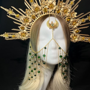Sun Goddess Halo Crown: Celestial Headpiece with Face Chain
