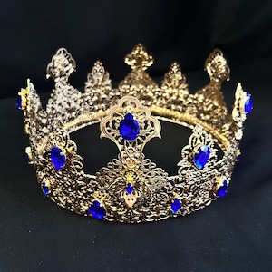 King Crown Handmade, Royal Blue Rhinestone Medieval Coronation Crown