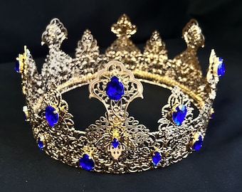 King crown for men, royal blue crown, queen medieval crown, coronation crown, male crown, prom crown, baroque crown, renaissance crown