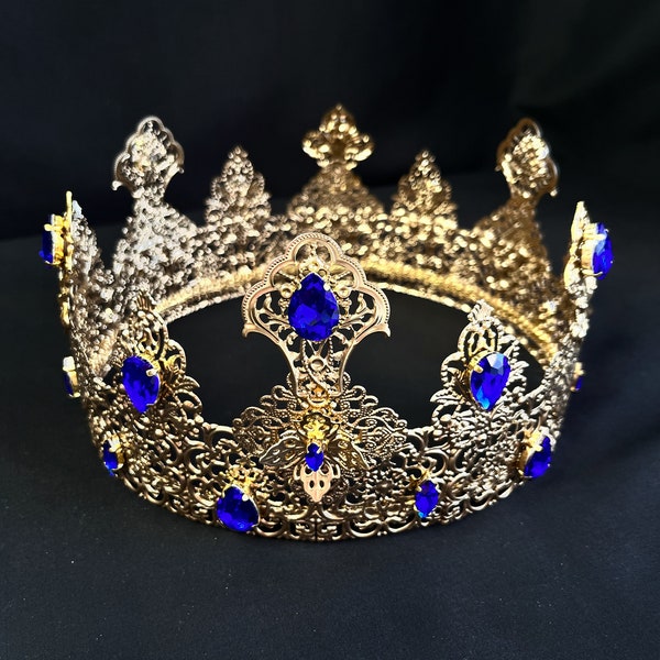 King crown for men, royal blue crown, queen medieval crown, coronation crown, male crown, prom crown, baroque crown, renaissance crown
