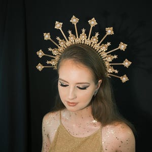Handmade Goddess Halo Crown: Gold Festival Headpiece with Rhinestones