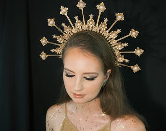 Handmade Goddess Halo Crown: Gold Festival Headpiece with Rhinestones