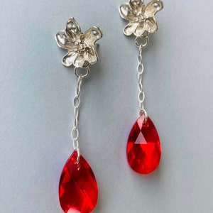 red Swarovski teardrop flower earrings