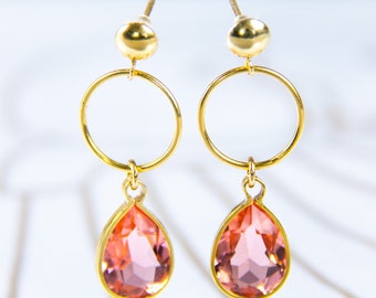 Elegant orange Swarovski earrings with hoop in 925 silver with gold plating - gift for women - party earrings.