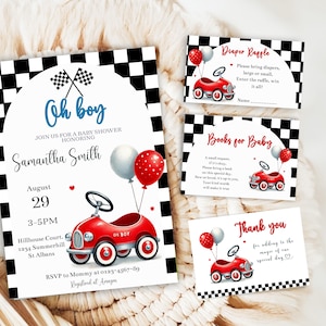 Uitnodiging babyshower racewagen | Thema vintage raceauto Oh Boy | Digitale babyshoweruitnodiging | Rode auto babyshower babyjongen, DIGITAL 610
