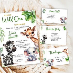Editable Safari Baby Shower Invitation SET, Jungle Baby Shower Invite Bundle, Greenery Jungle Safari Animals Invitation Template Safari  200