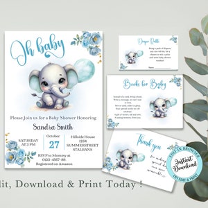 Personalized Baby Shower Elephant Invitations Blue Elephant Theme for a Cute Celebration Digital Customize, Cute Bundle 179
