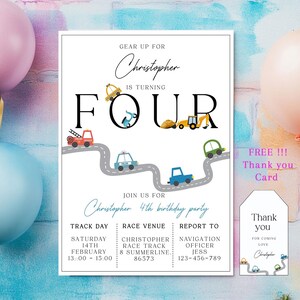 Convite editável de 4º aniversário com transporte, convite para festa de carro, caminhão e ônibus para impressão, download instantâneo, cartão de aniversário infantil, digital 426